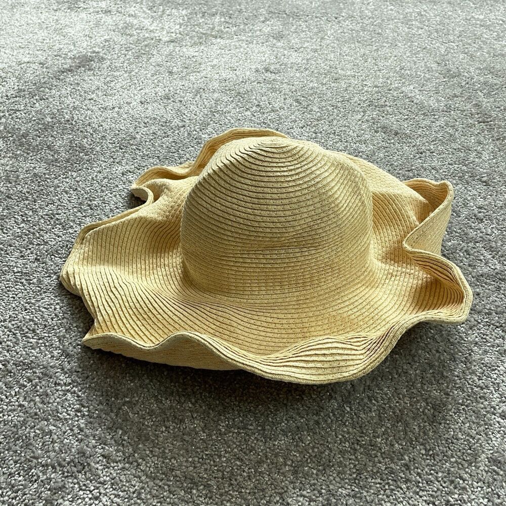 Unbranded Sun Hat Womens One Size Yellow Paper Straw Wide Brim Chin Strap Ladies